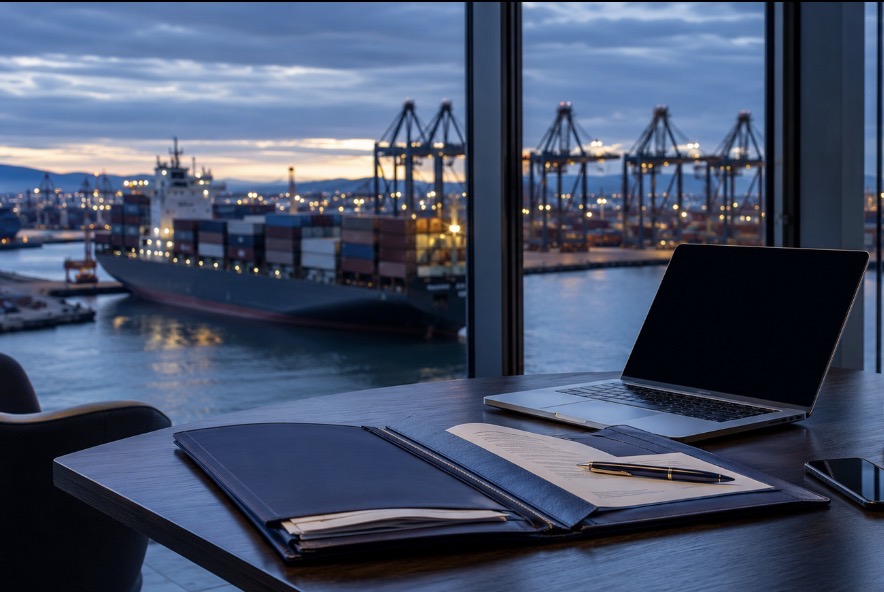 Espacio de trabajo con vistas a un buque mercante y una terminal portuaria
